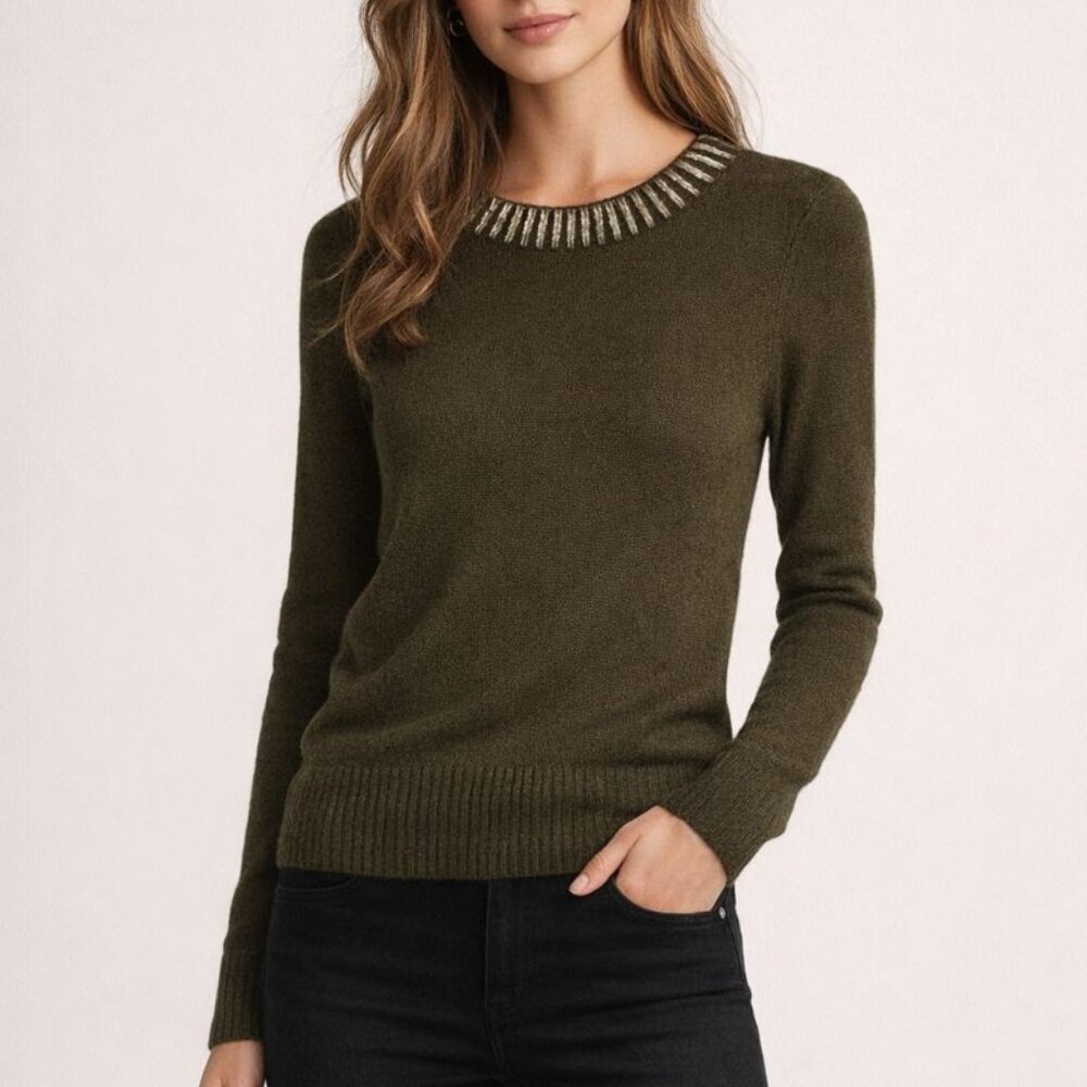 French Connection‎ Small S Olive Green Gold Metallic Collar Yak Blend Sweater